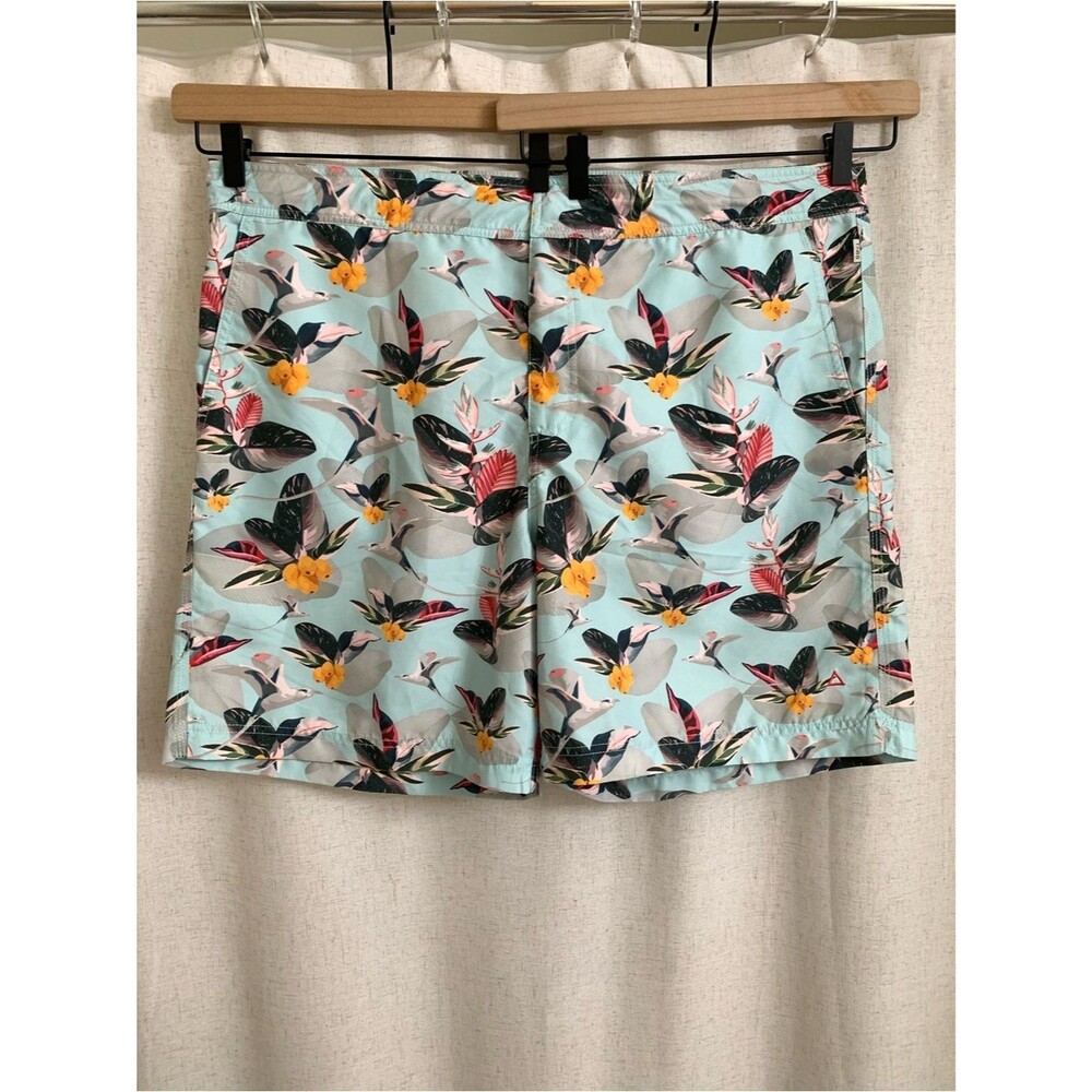TABS Imported Portugal Men's Tropical Floral Swim Trunks Mint Blue Bird Bermudas